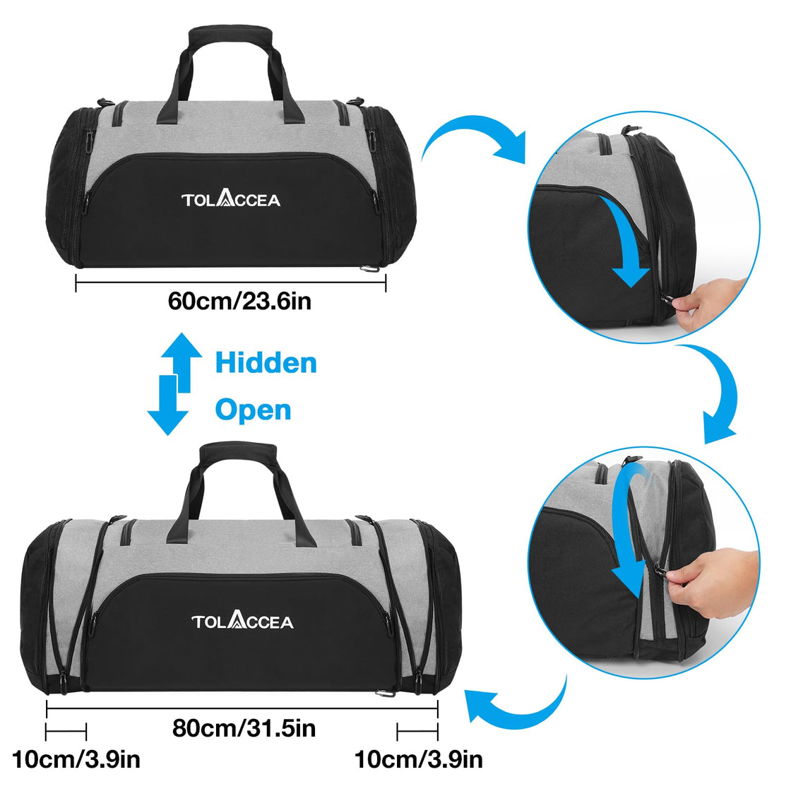 Tolaccea Gym Bag, Duffel Bag for Men Women, 54L-72L Expandable Large Travel Bag Backpack with Shoe Compartment, Carry On Weekend Bag, Fitness Training Bag for Gym, Travel, Swimming, Yoga, Football