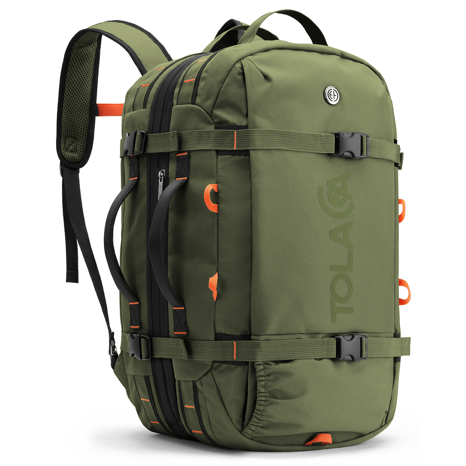 Green backpack with orange accents and 'Tolaccea' branding on a white background