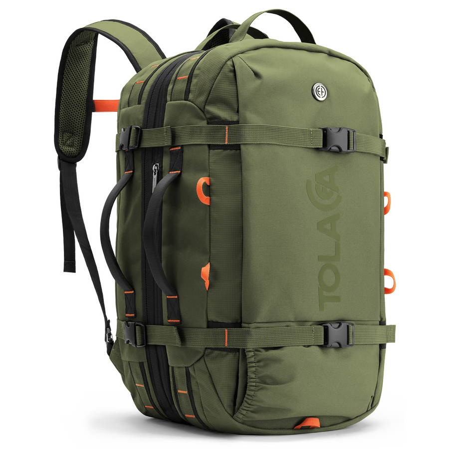 Green backpack with orange accents and 'Tolaccea' branding on a white background